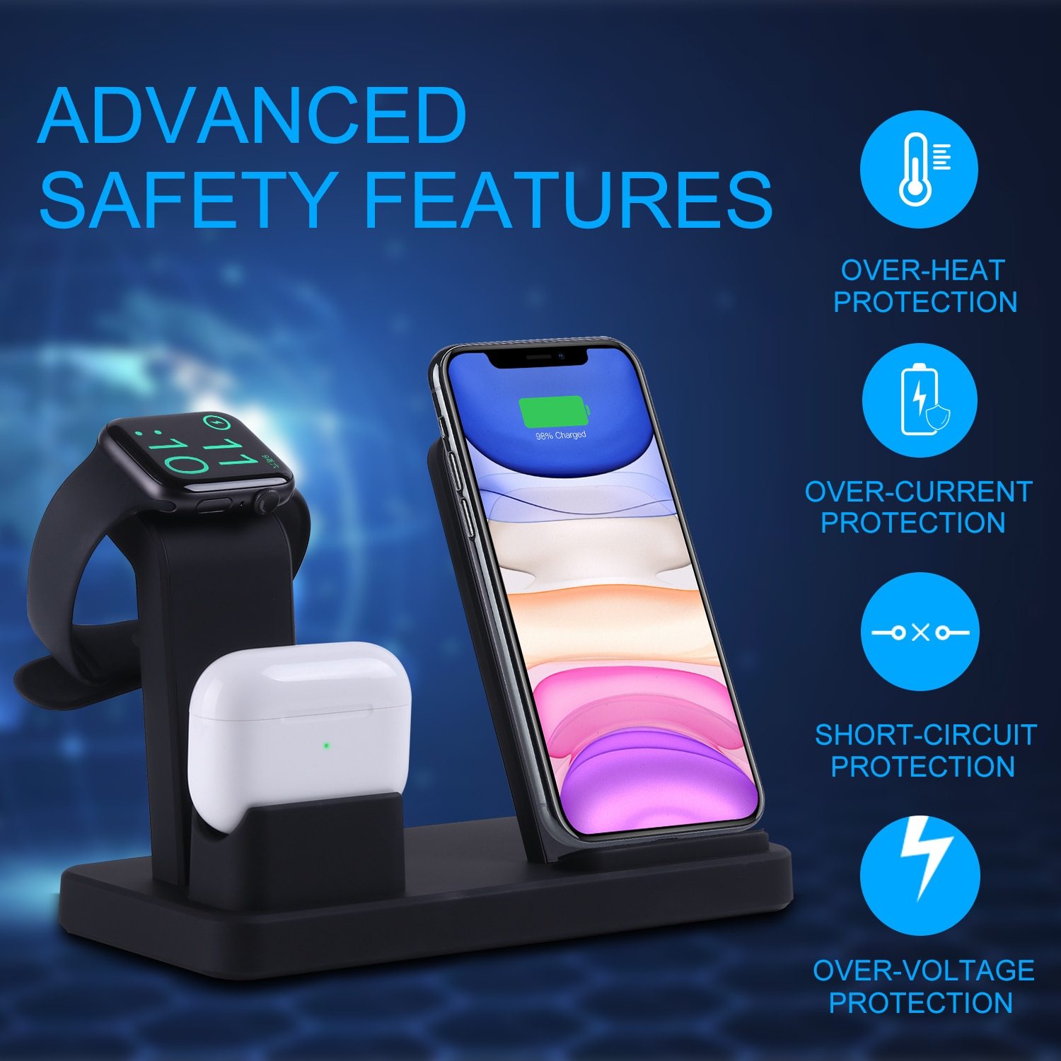3 in 1 Qi Wireless Charger for iPhone and Samsung with charging dock for Apple Watch and AirPods, featuring a sleek design.