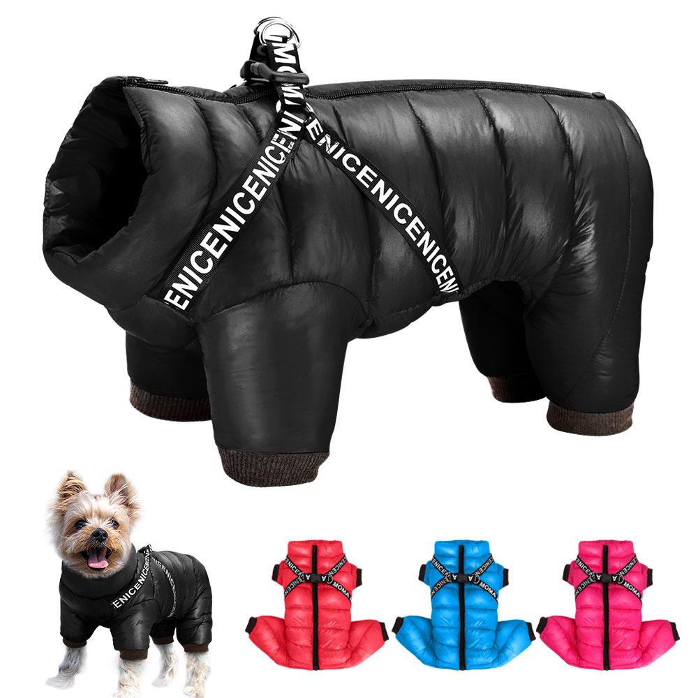 A warm and stylish 3 Layer Dog Clothes Coat with harness, designed for small to medium dogs, available in blue, black, red, and rose colors.