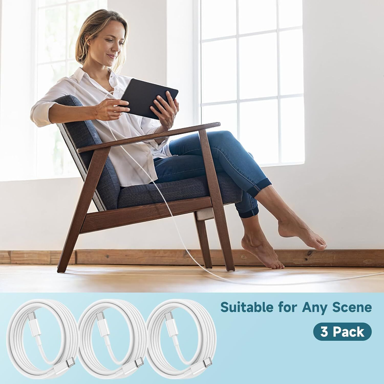 Three 6FT USB-C to USB-C cables designed for fast charging and data transfer, featuring durable nylon design and aluminum connectors.