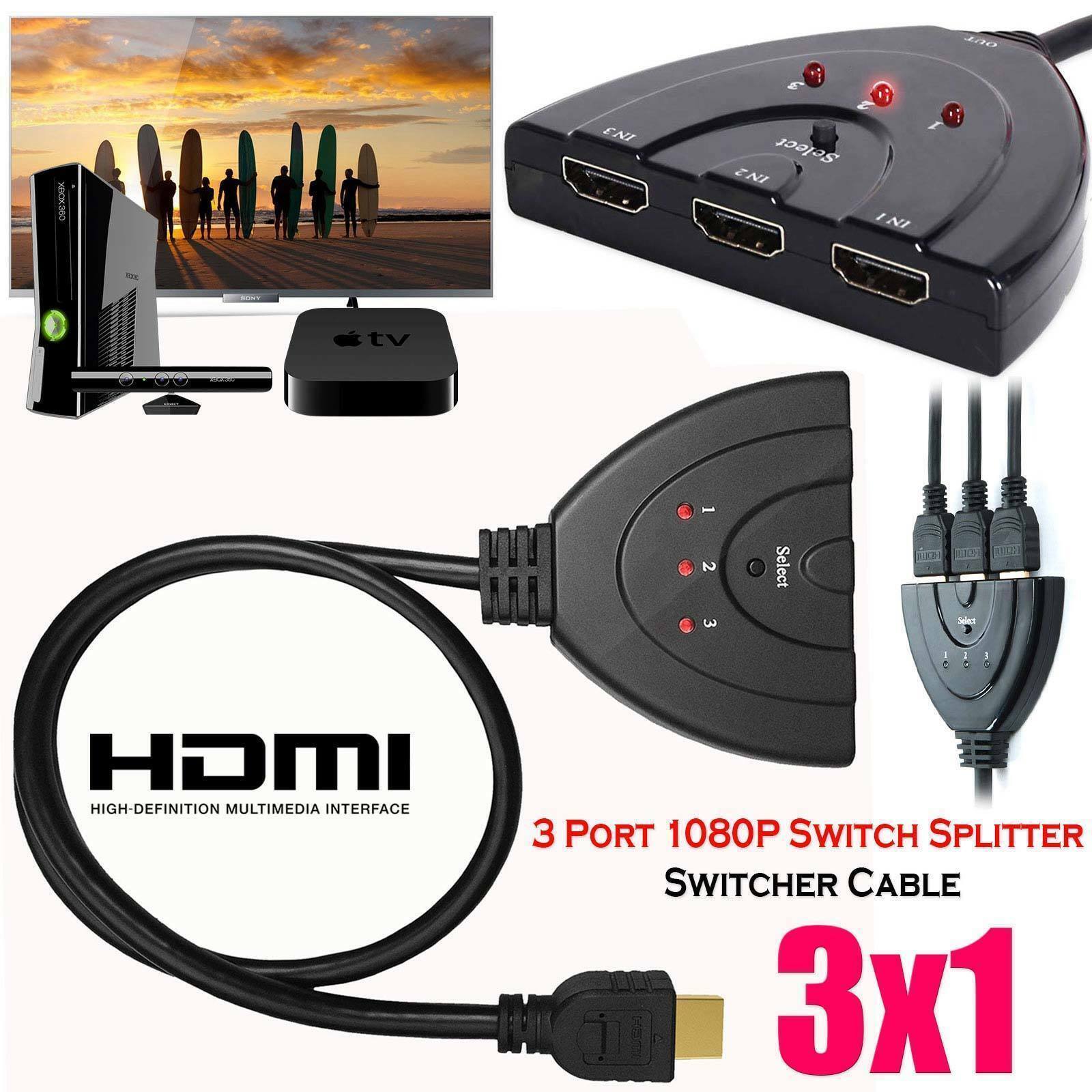 3 Port HDMI Splitter Cable with 1080P and 4K support, showcasing its sleek design and multiple input ports.