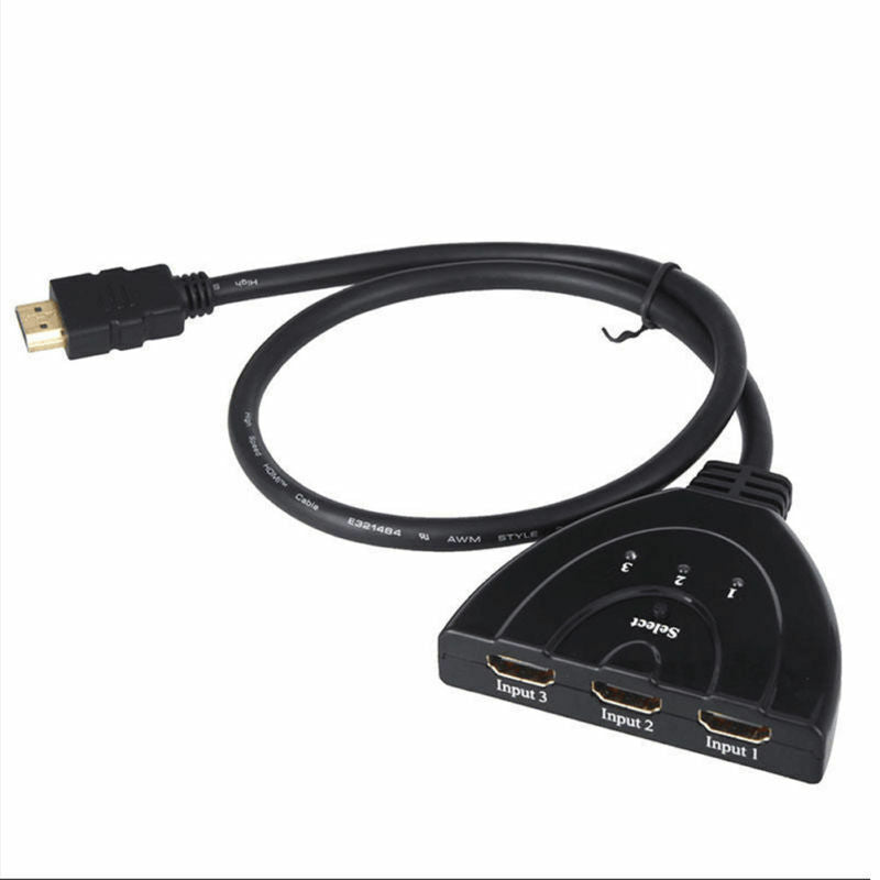3 Port HDMI Splitter Cable with 1080P and 4K support, showcasing its sleek design and multiple input ports.