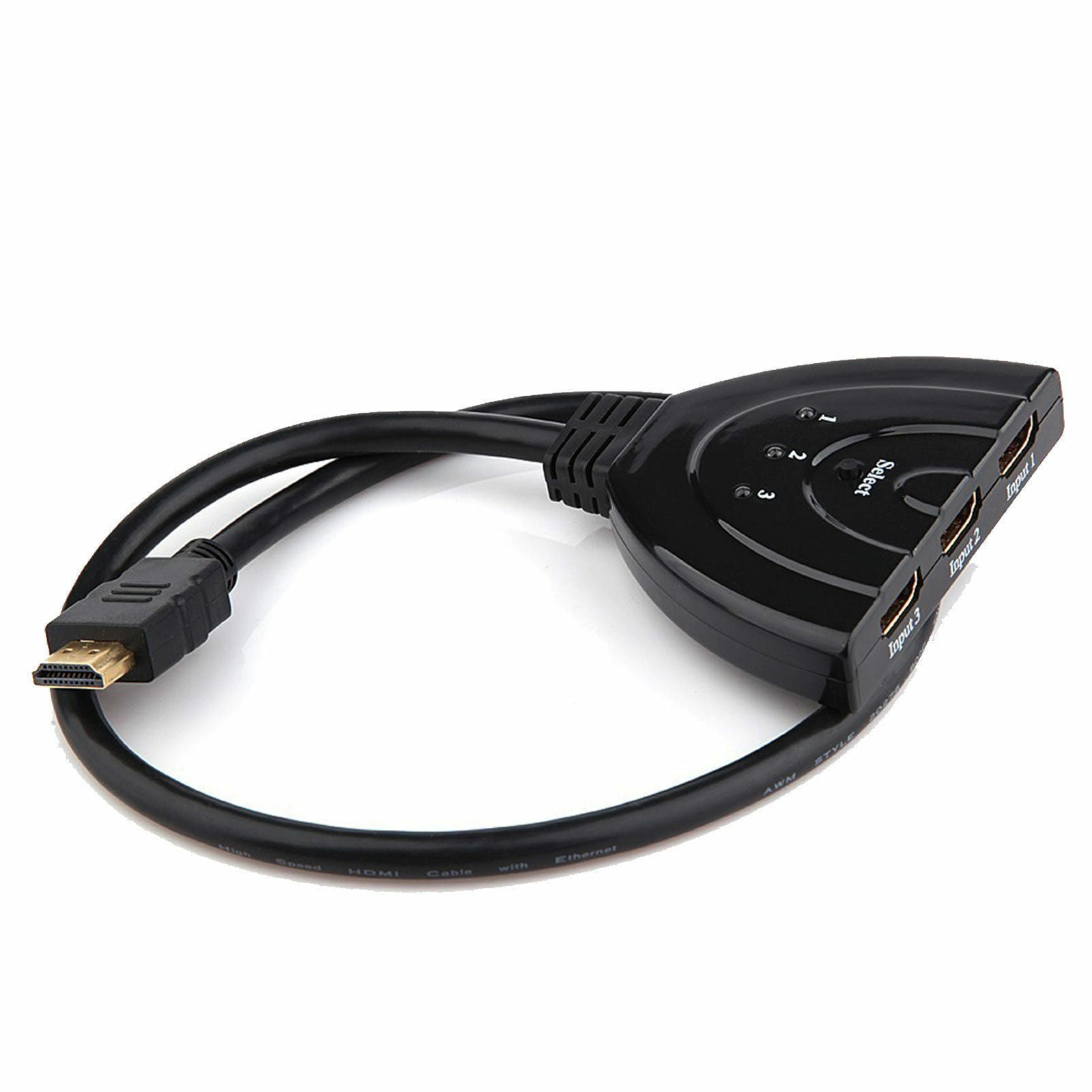3 Port HDMI Splitter Cable with 1080P and 4K support, showcasing its sleek design and multiple input ports.