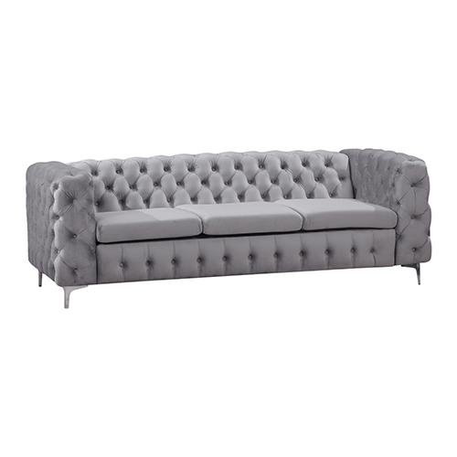 Elegant 3 Seater Sofa in Grey Velvet with Classic Button Tufting and Wide Armrests, showcasing its stylish design and sturdy metal legs.