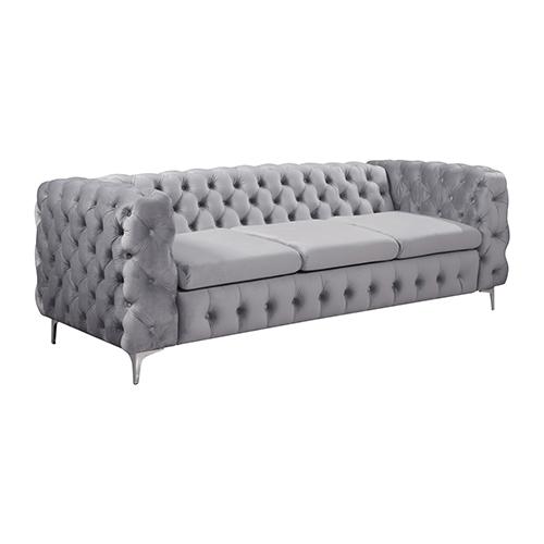 Elegant 3 Seater Sofa in Grey Velvet with Classic Button Tufting and Wide Armrests, showcasing its stylish design and sturdy metal legs.