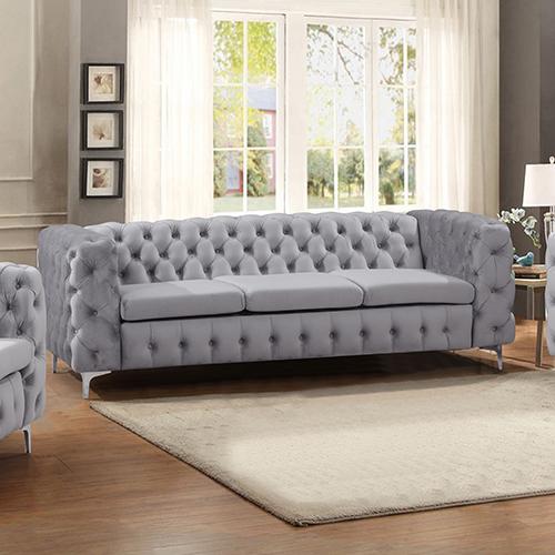 Elegant 3 Seater Sofa in Grey Velvet with Classic Button Tufting and Wide Armrests, showcasing its stylish design and sturdy metal legs.