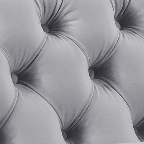 Elegant 3 Seater Sofa in Grey Velvet with Classic Button Tufting and Wide Armrests, showcasing its stylish design and sturdy metal legs.