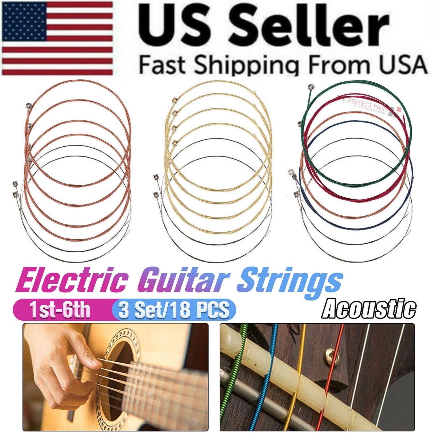 Three sets of six replacement steel guitar strings for acoustic guitars, showcasing their shiny copper finish and varying diameters.