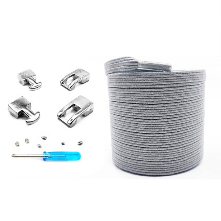 Three sets of SLK16 metal hook elastic shoelaces in grey, featuring durable brass buckles and thick woven design for easy fastening.