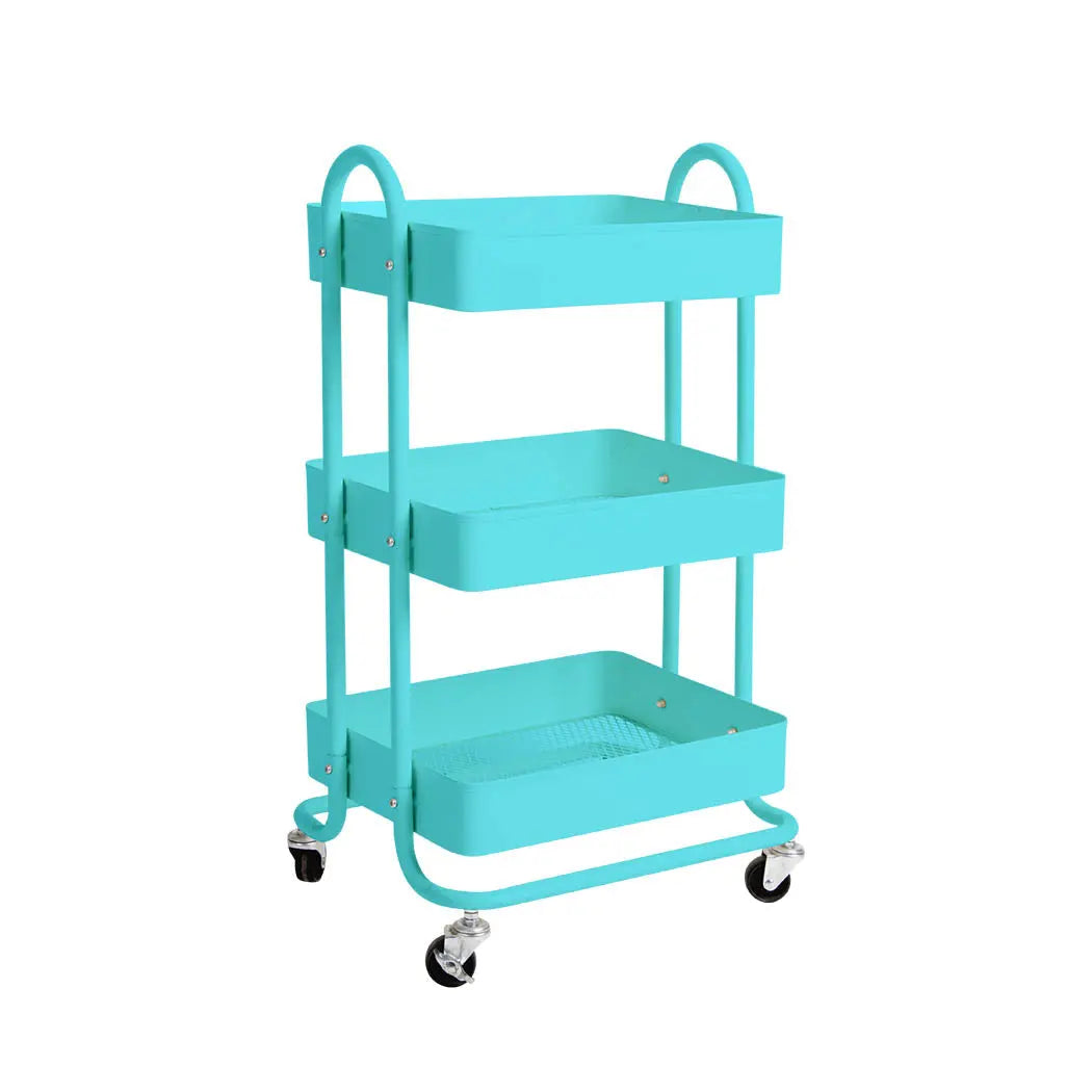 3 Tiers Kitchen Trolley Cart in Tiffany Blue with wheels, showcasing its sturdy steel frame and ample storage space.