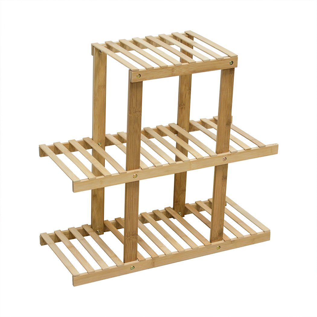 3 Tiers Premium Bamboo Wooden Plant Stand showcasing multiple plants, designed for indoor and outdoor use.
