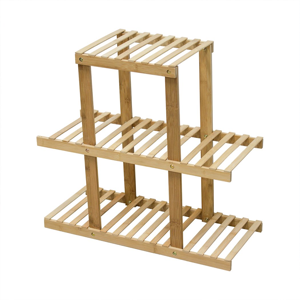 3 Tiers Premium Bamboo Wooden Plant Stand showcasing multiple plants, designed for indoor and outdoor use.