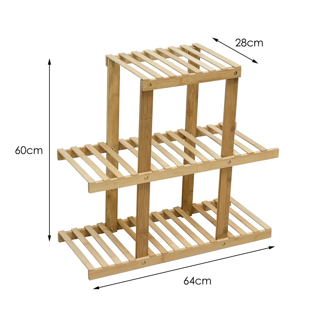 3 Tiers Premium Bamboo Wooden Plant Stand showcasing multiple plants, designed for indoor and outdoor use.