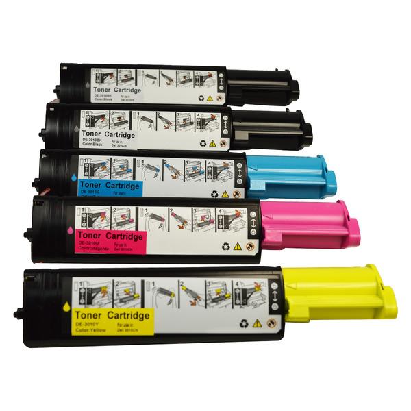 3010 Series Generic Toner Set including two black, one cyan, one magenta, and one yellow cartridge for Dell printers.