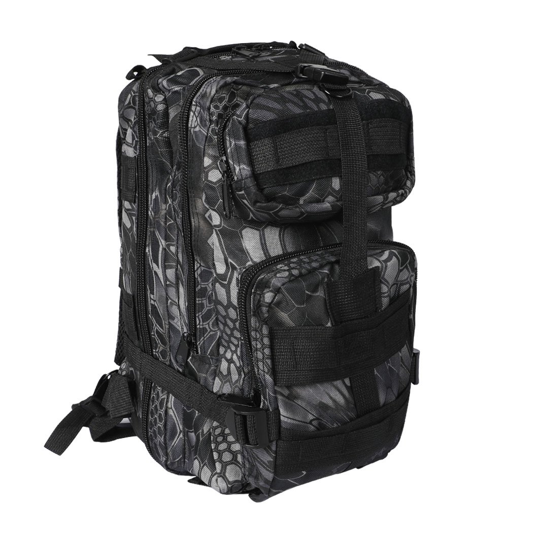 30L Military Tactical Backpack in black, showcasing multiple compartments and adjustable straps, designed for hiking and camping.