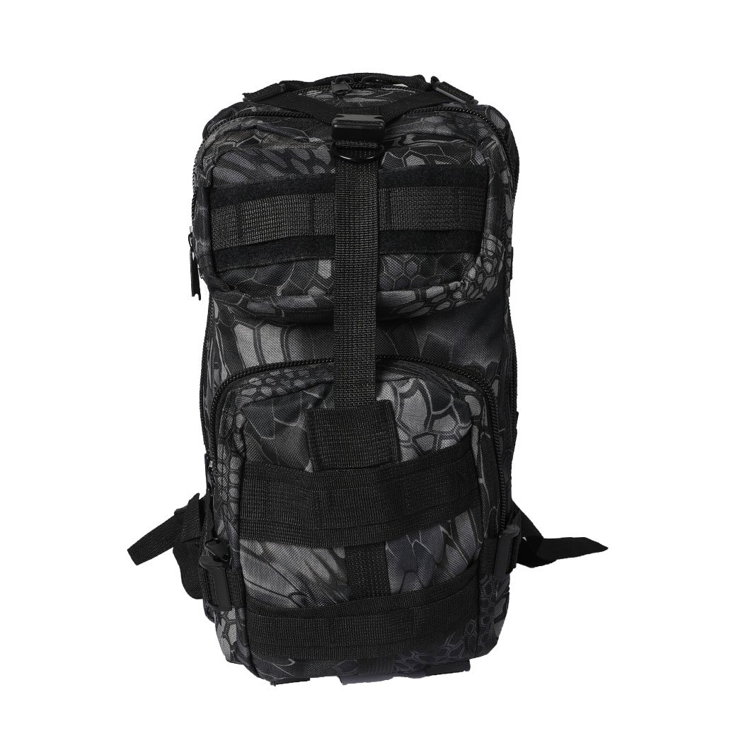 30L Military Tactical Backpack in black, showcasing multiple compartments and adjustable straps, designed for hiking and camping.