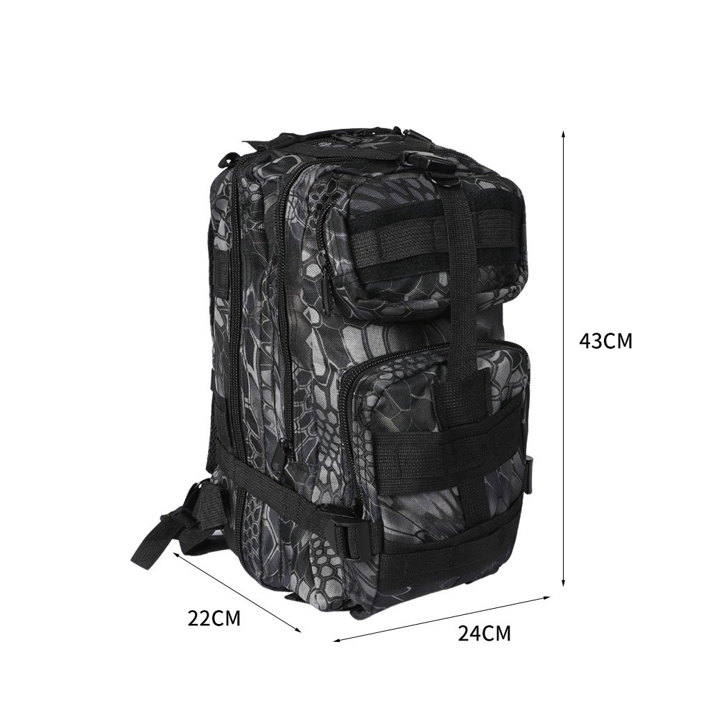 30L Military Tactical Backpack in black, showcasing multiple compartments and adjustable straps, designed for hiking and camping.