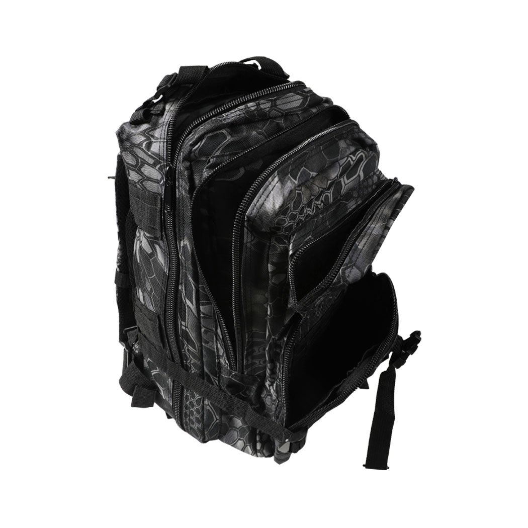 30L Military Tactical Backpack in black, showcasing multiple compartments and adjustable straps, designed for hiking and camping.