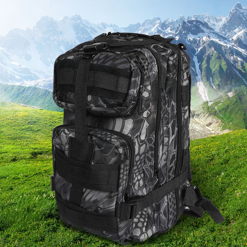30L Military Tactical Backpack in black, showcasing multiple compartments and adjustable straps, designed for hiking and camping.