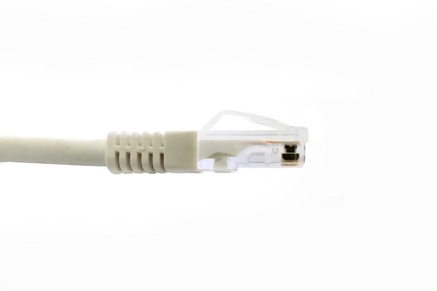 30m Cat 5e Gigabit Ethernet Network Patch Cable in white, showcasing its durable boot and gold contacts.
