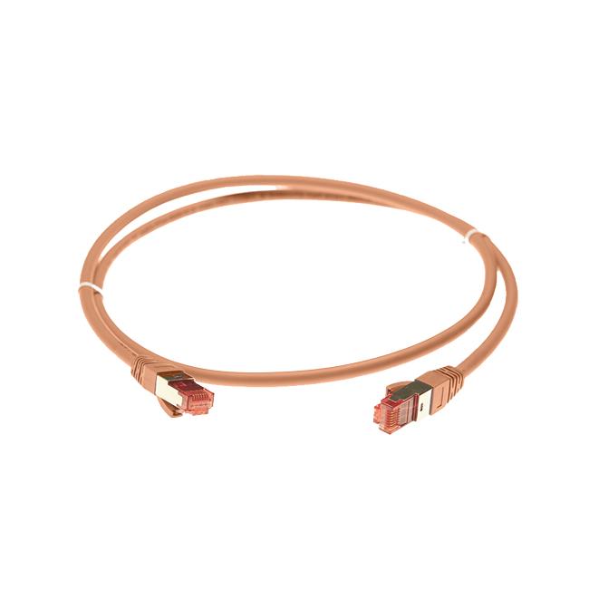 30m Cat 6A S/FTP LSZH Ethernet Network Cable in orange, featuring RJ45 connectors and a low smoke zero halogen jacket.
