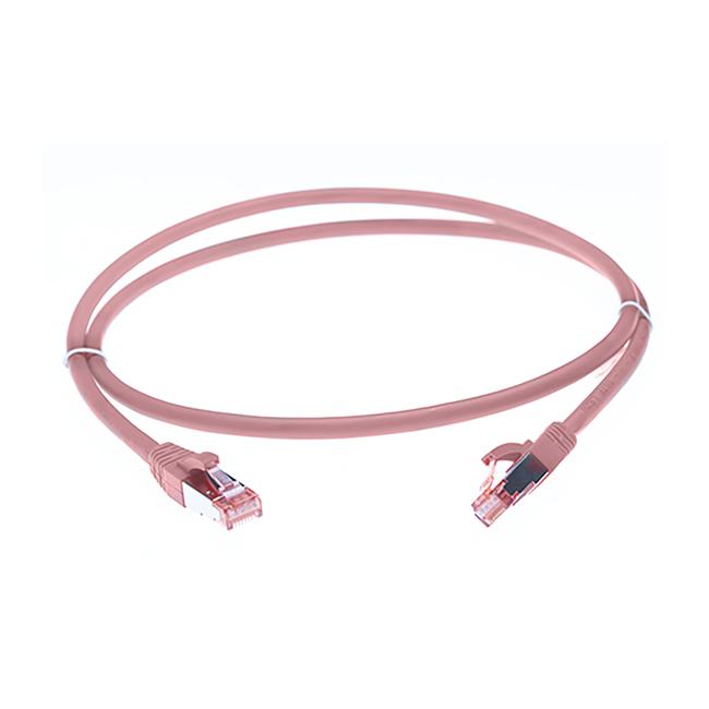 30m Cat 6A S/FTP LSZH Ethernet Network Cable in pink, showcasing its robust RJ45 connectors and LSZH jacket.