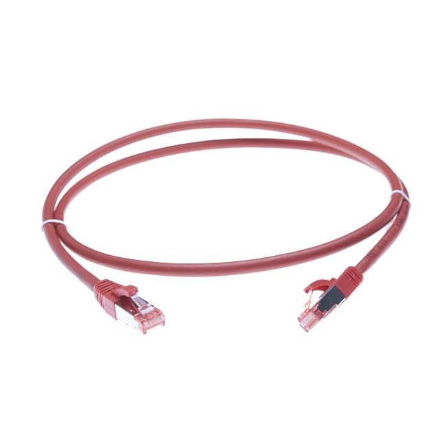 30m Cat 6A S/FTP LSZH Ethernet Network Cable in red, showcasing its robust RJ45 connectors and LSZH jacket.
