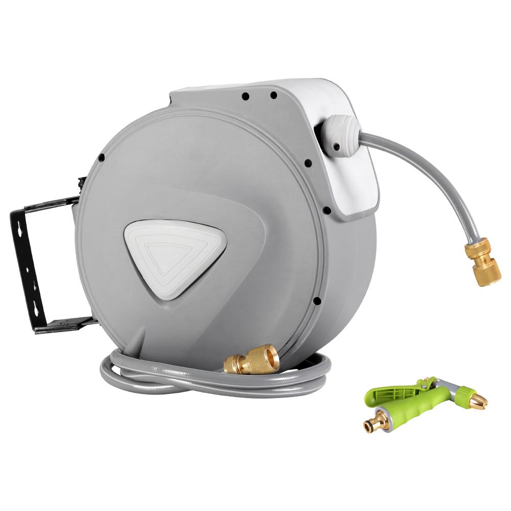 30M Retractable Hose Reel with brass spray gun, wall-mounted, grey finish, showcasing its compact and sturdy design.