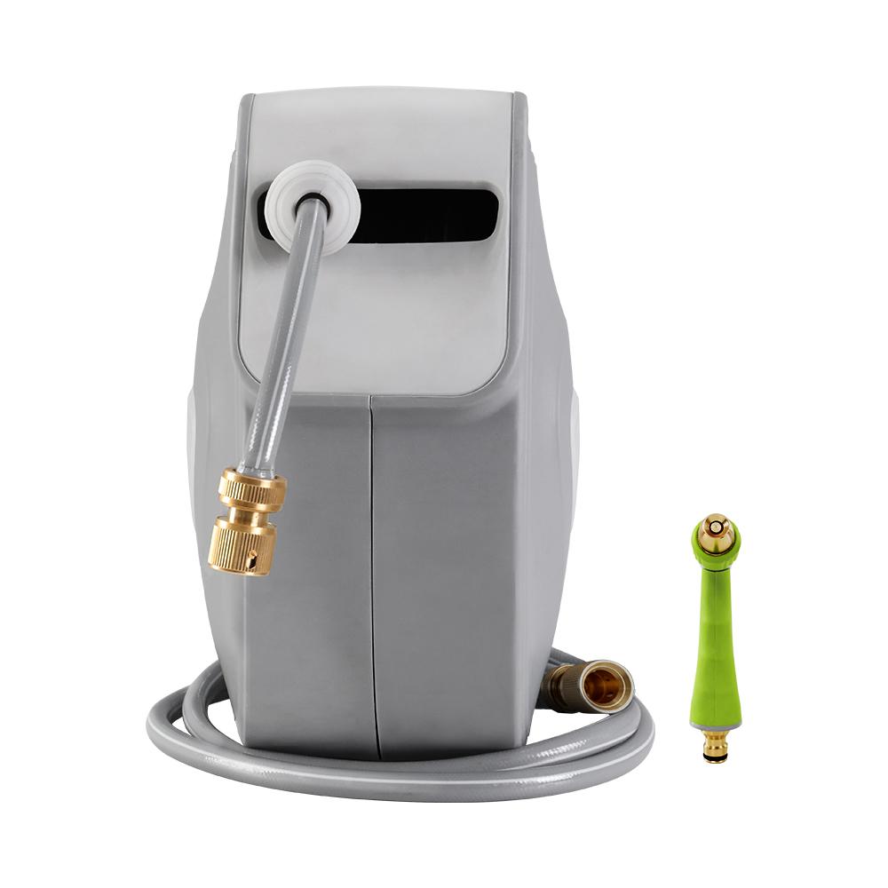 30M Retractable Hose Reel with brass spray gun, wall-mounted, grey finish, showcasing its compact and sturdy design.