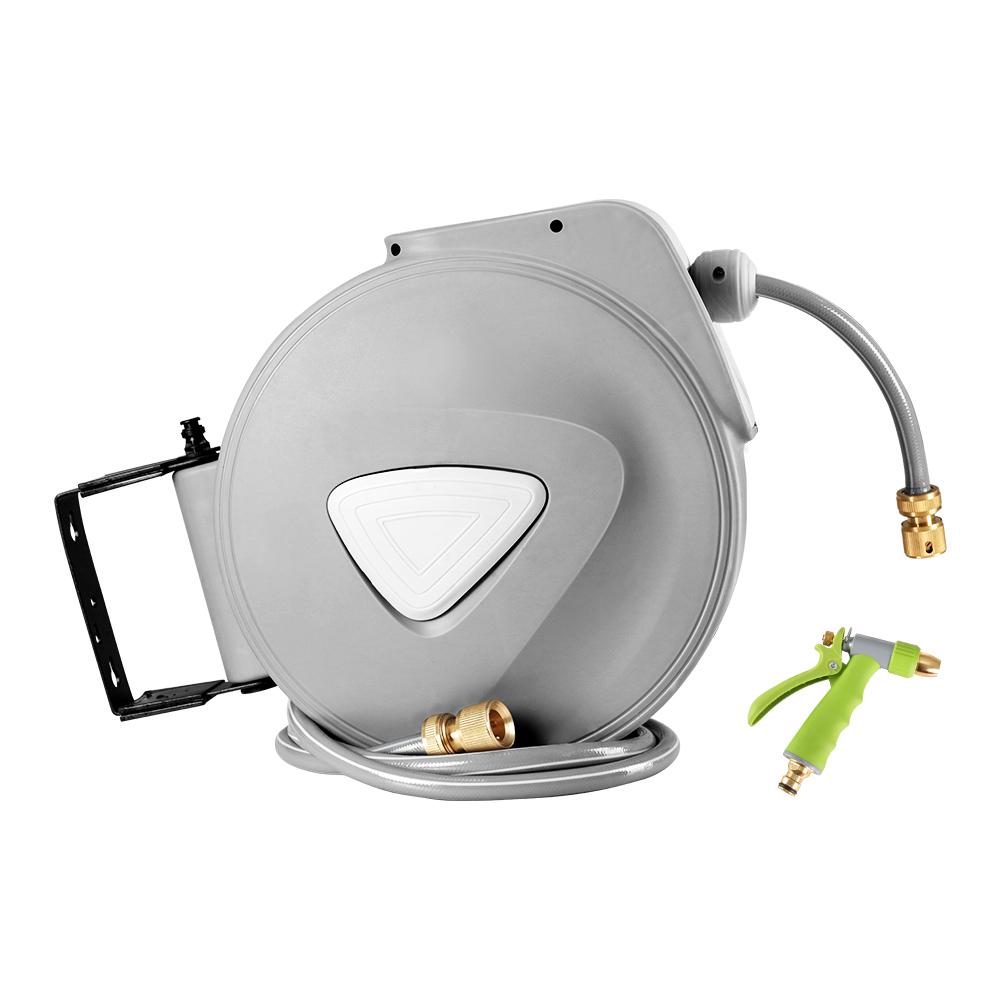 30M Retractable Hose Reel with brass spray gun, wall-mounted, grey finish, showcasing its compact and sturdy design.