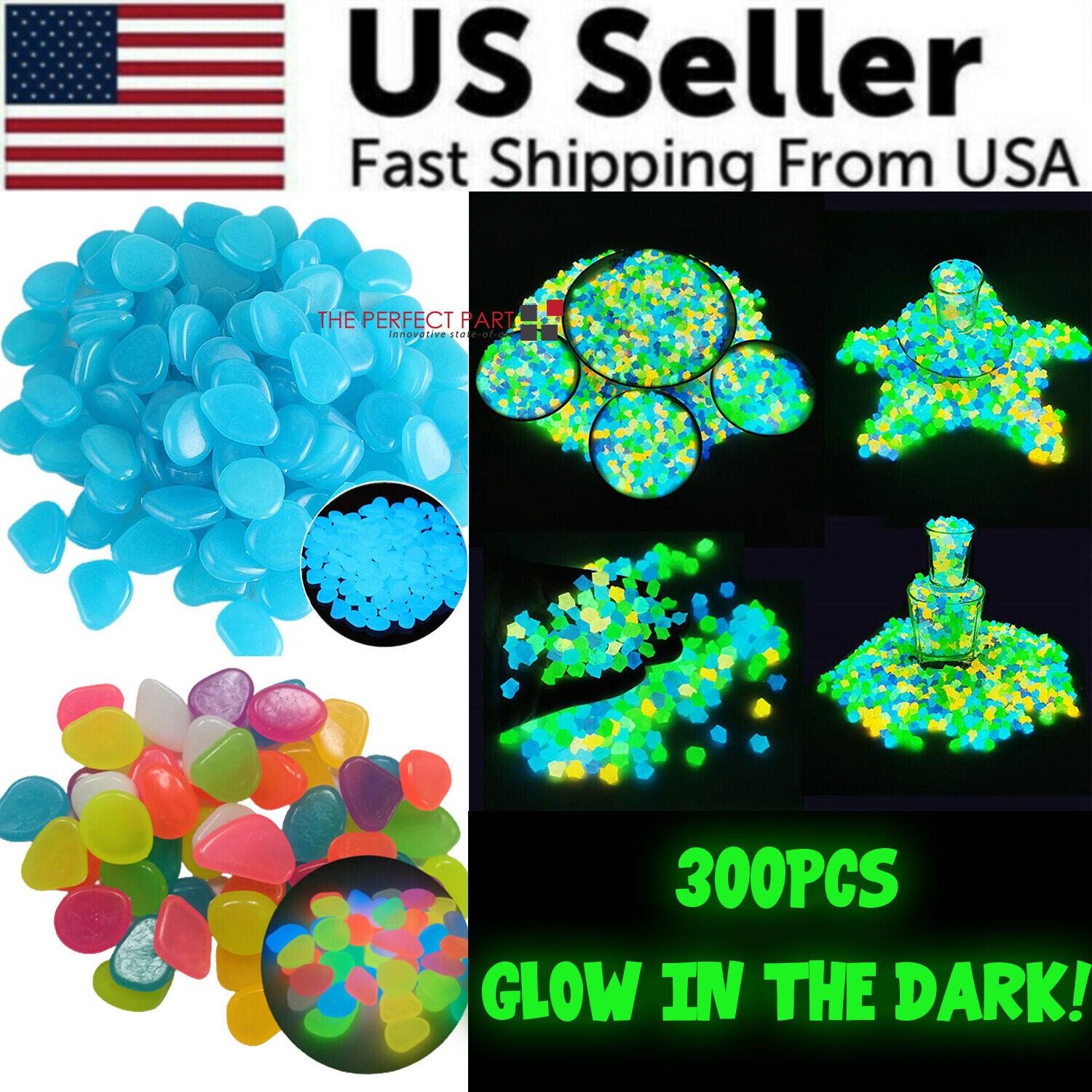 300PCS glow in the dark pebbles in various colors, ideal for garden and aquarium decoration, glowing brightly in a dark environment.