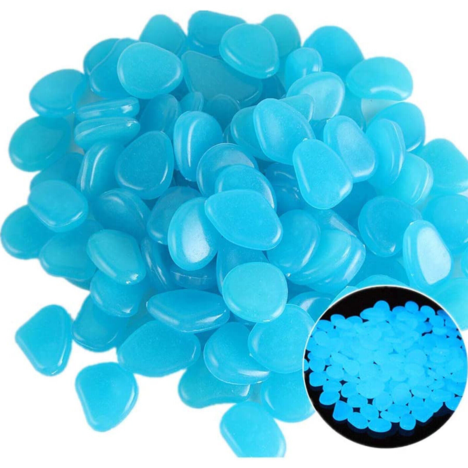 300PCS glow in the dark pebbles in various colors, ideal for garden and aquarium decoration, glowing brightly in a dark environment.