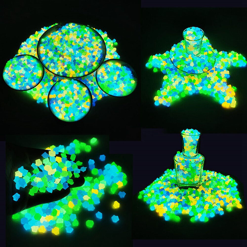 300PCS glow in the dark pebbles in various colors, ideal for garden and aquarium decoration, glowing brightly in a dark environment.