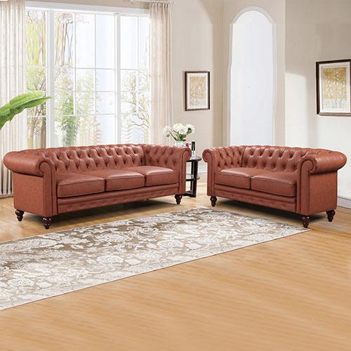 Luxurious 3+2 Seater Brown Sofa Lounge in Chesterfield style with button tufting, upholstered in premium faux leather, showcasing rolled arms and rubber wood legs.