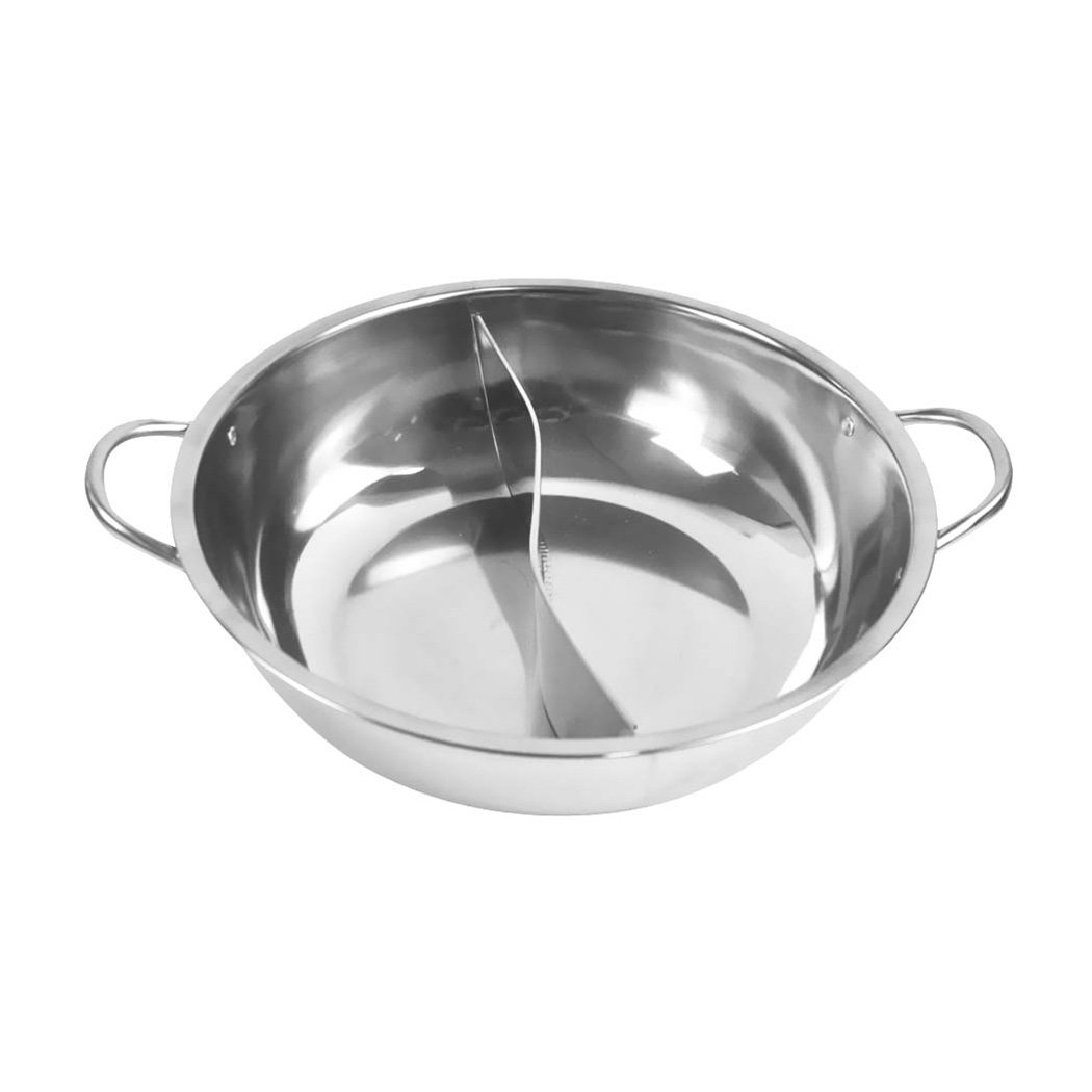 34cm Stainless Steel Twin Mandarin Duck Hot Pot with lid, showcasing dual-sided design for diverse flavors and sleek stainless steel finish.