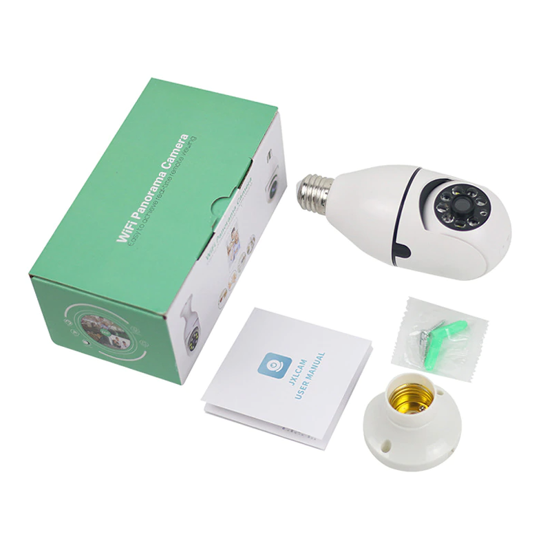 360° 1080P IP E27 Light Bulb Camera showcasing its sleek design and features for smart home security.