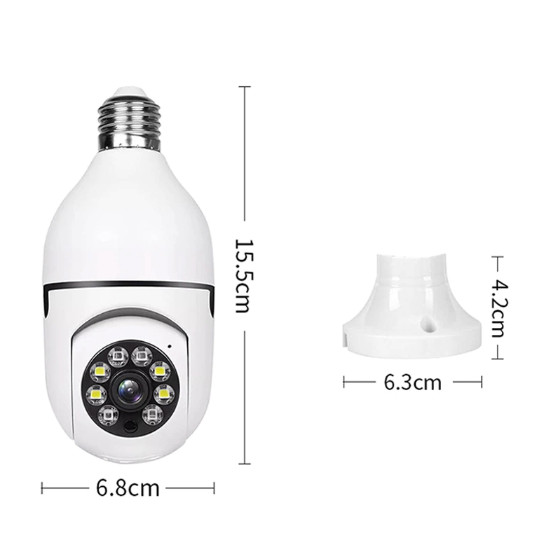 360° 1080P IP E27 Light Bulb Camera showcasing its sleek design and features for smart home security.
