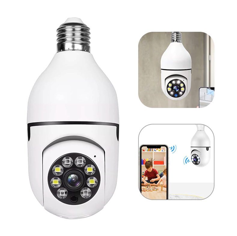 360° 1080P IP E27 Light Bulb Camera showcasing its sleek design and features for smart home security.