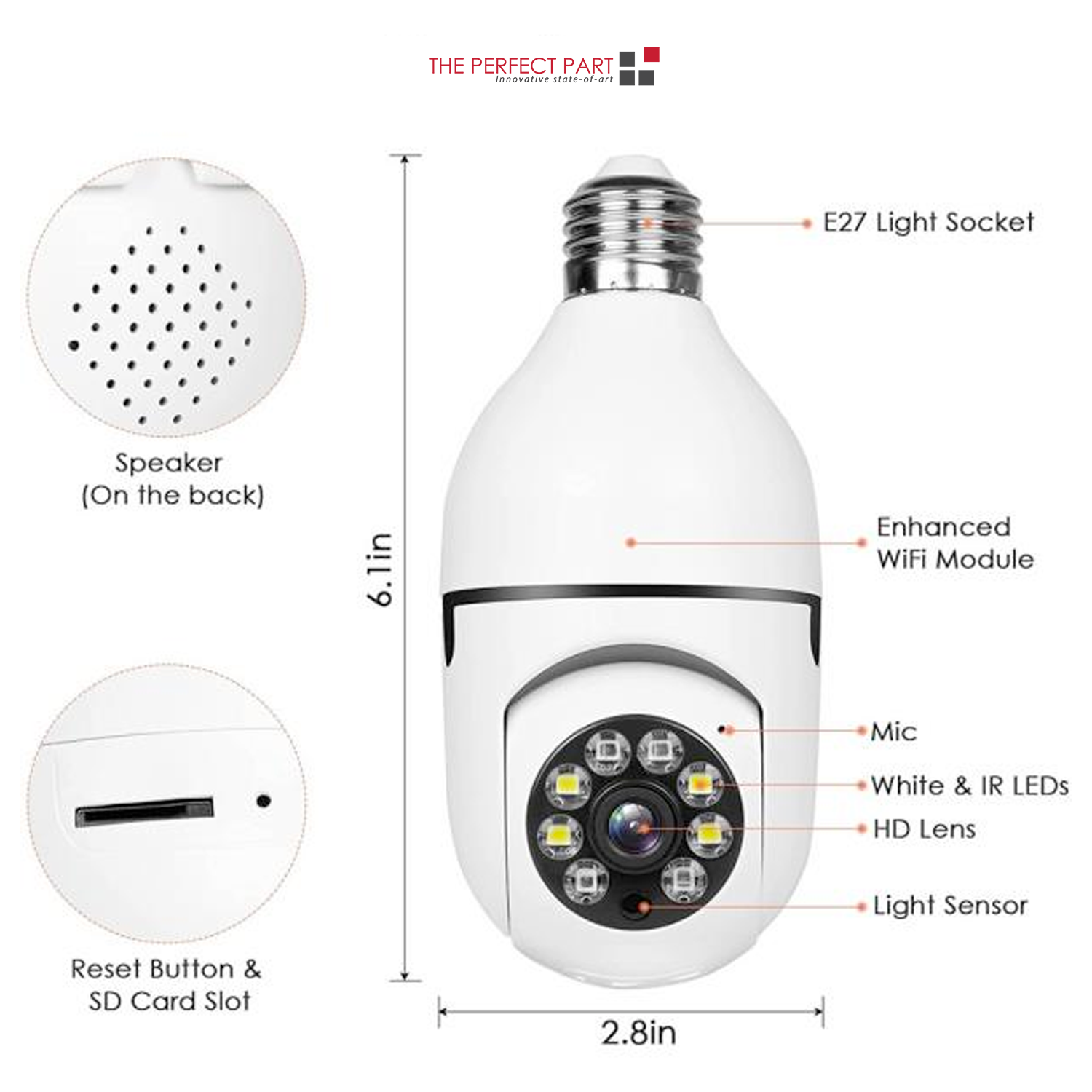 360° 1080P IP E27 Light Bulb Camera showcasing its sleek design and features for smart home security.