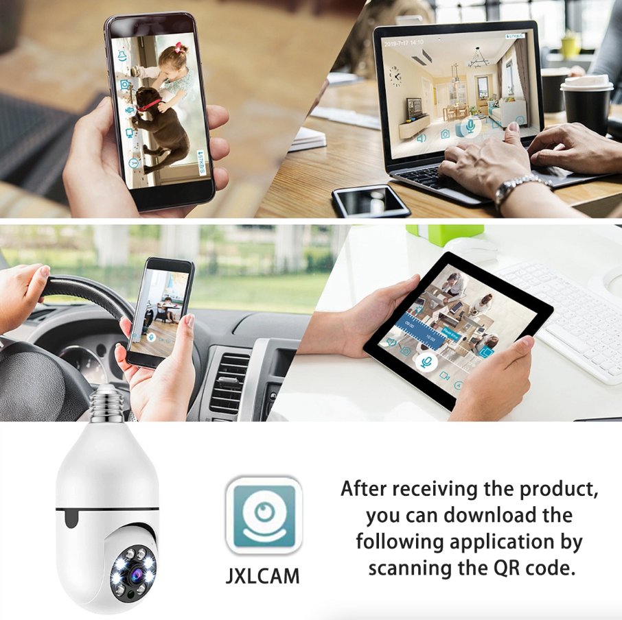 360° 1080P IP E27 Light Bulb Camera showcasing its sleek design and features for smart home security.