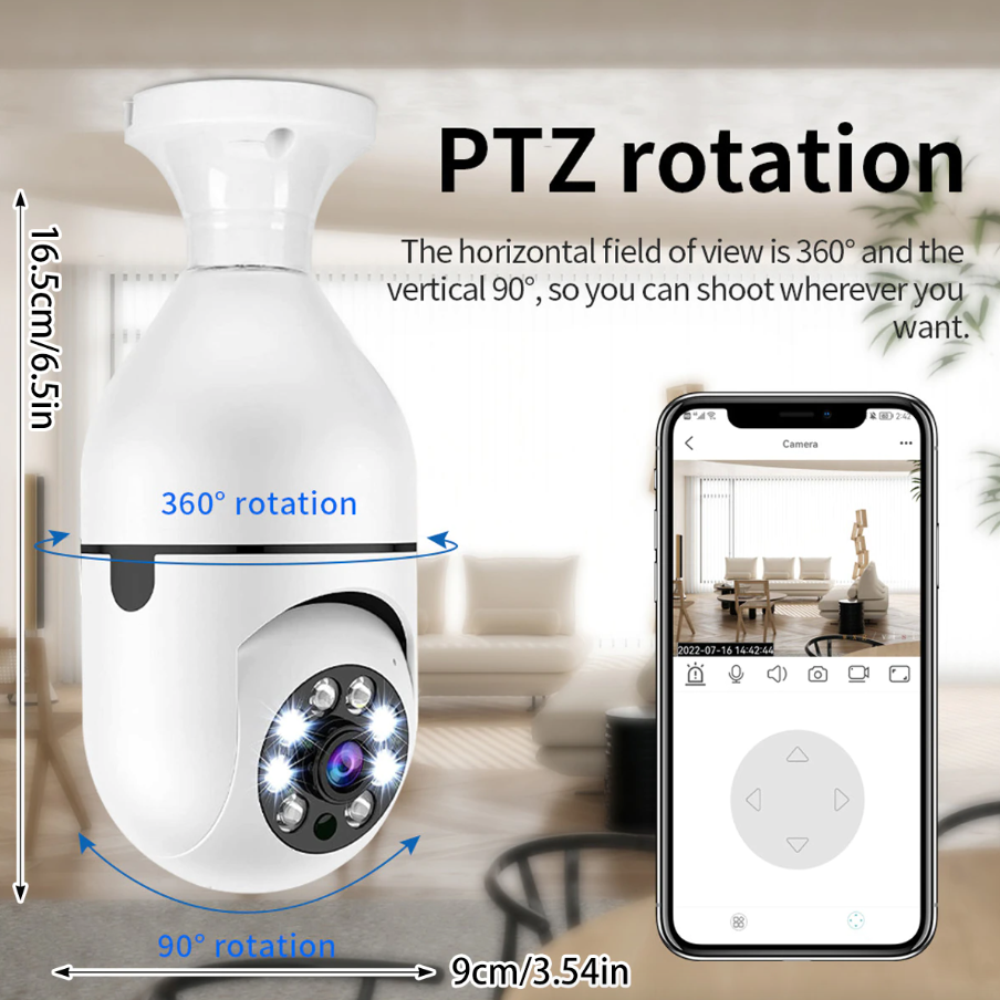 360° 1080P IP E27 Light Bulb Camera showcasing its sleek design and features for smart home security.