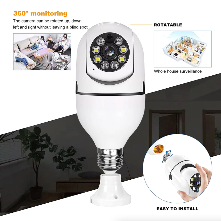 360° 1080P IP E27 Light Bulb Camera showcasing its sleek design and features for smart home security.
