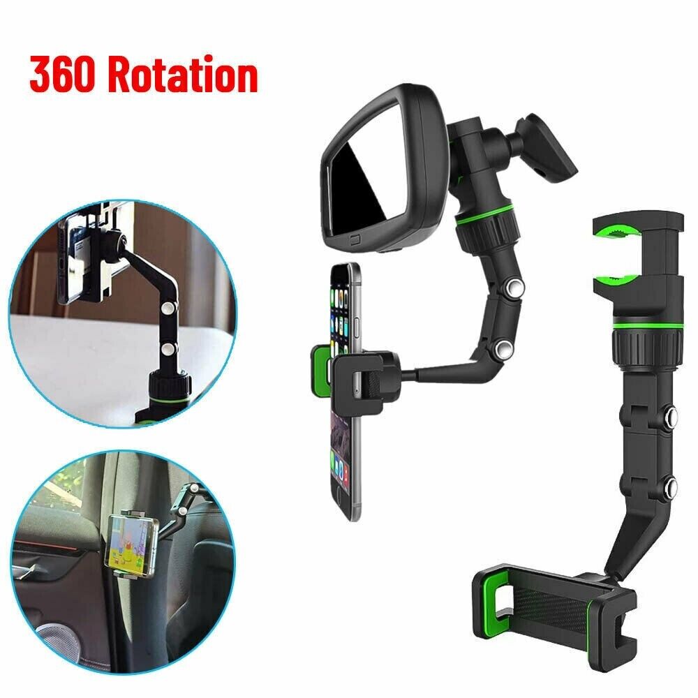 360° Car Rearview Mirror Rotation Adjustable Phone Holder Mount, showcasing its design and adjustable features for secure phone placement.