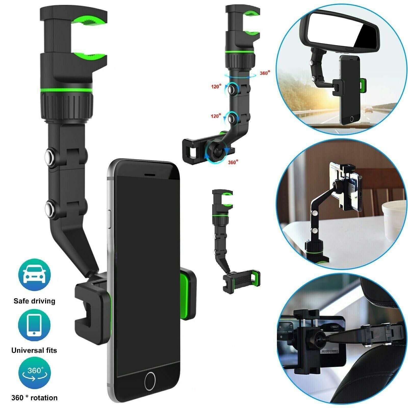 360° Car Rearview Mirror Rotation Adjustable Phone Holder Mount, showcasing its design and adjustable features for secure phone placement.