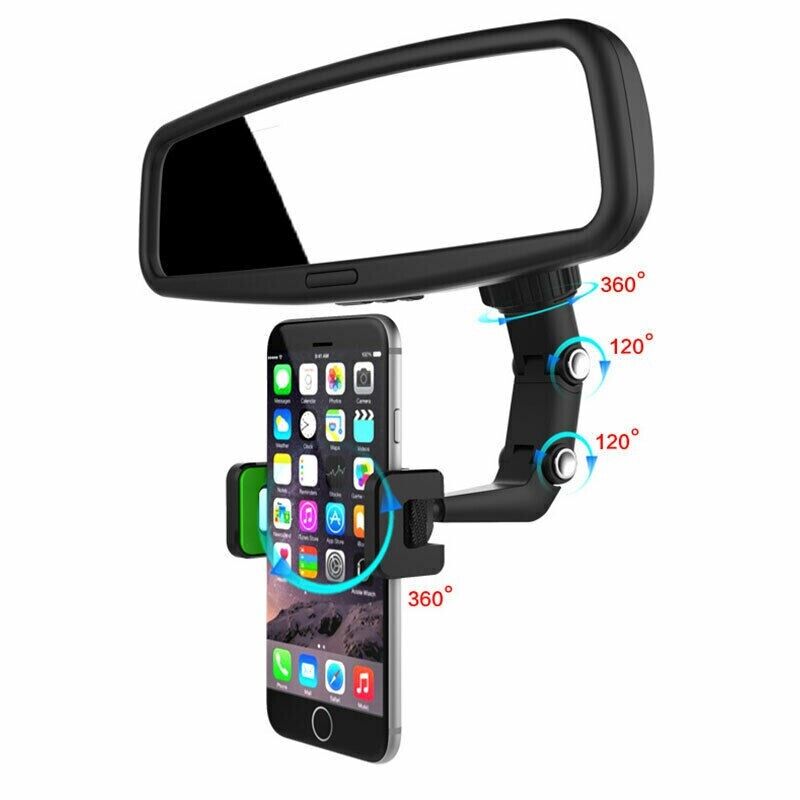 360° Car Rearview Mirror Rotation Adjustable Phone Holder Mount, showcasing its design and adjustable features for secure phone placement.