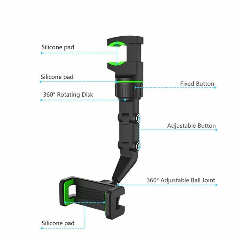 360° Car Rearview Mirror Rotation Adjustable Phone Holder Mount, showcasing its design and adjustable features for secure phone placement.
