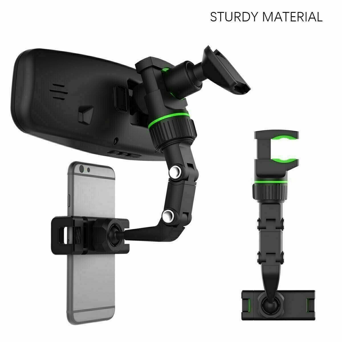 360° Car Rearview Mirror Rotation Adjustable Phone Holder Mount, showcasing its design and adjustable features for secure phone placement.