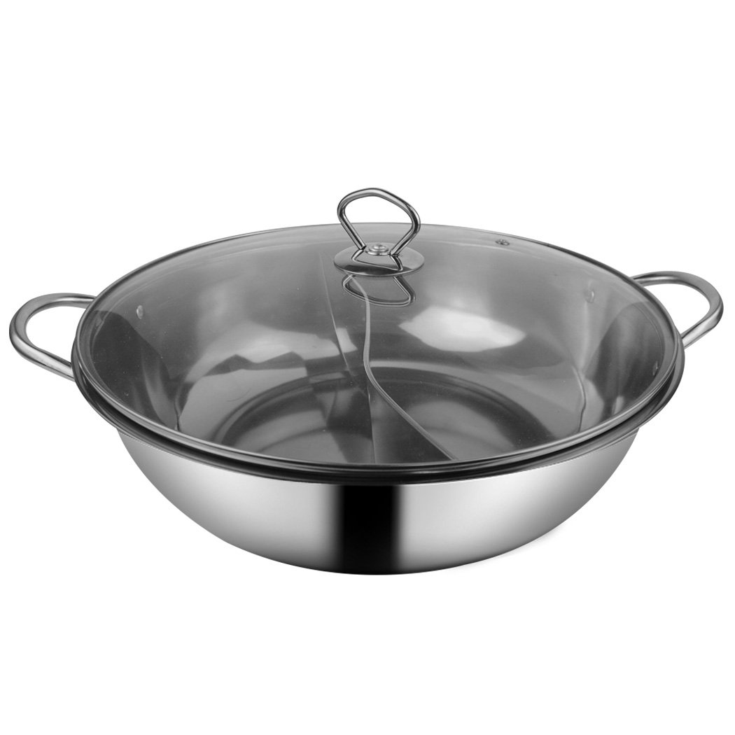 36cm Stainless Steel Twin Mandarin Duck Hot Pot with dual-sided cooking design, featuring a sleek finish and hollow handle for safe handling.