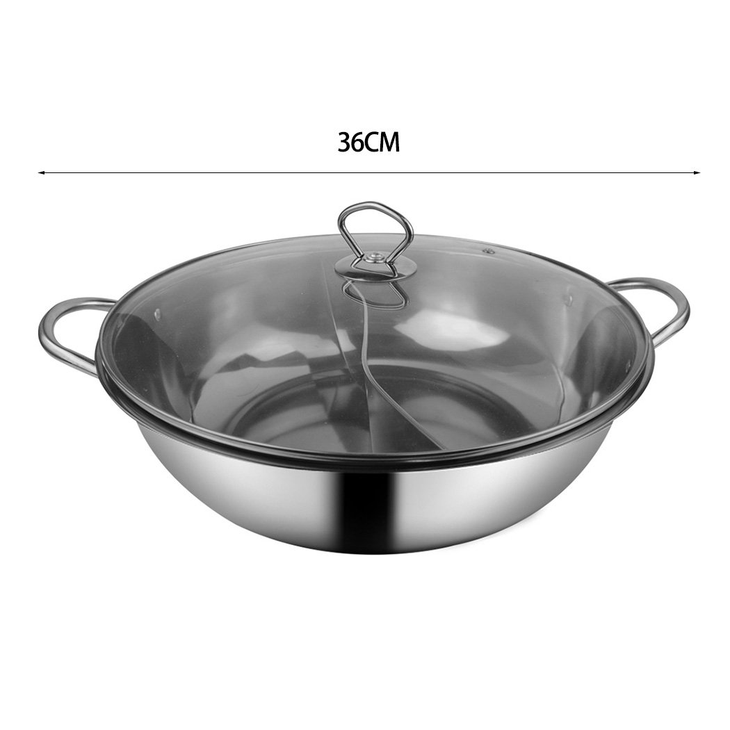 36cm Stainless Steel Twin Mandarin Duck Hot Pot with dual-sided cooking design, featuring a sleek finish and hollow handle for safe handling.