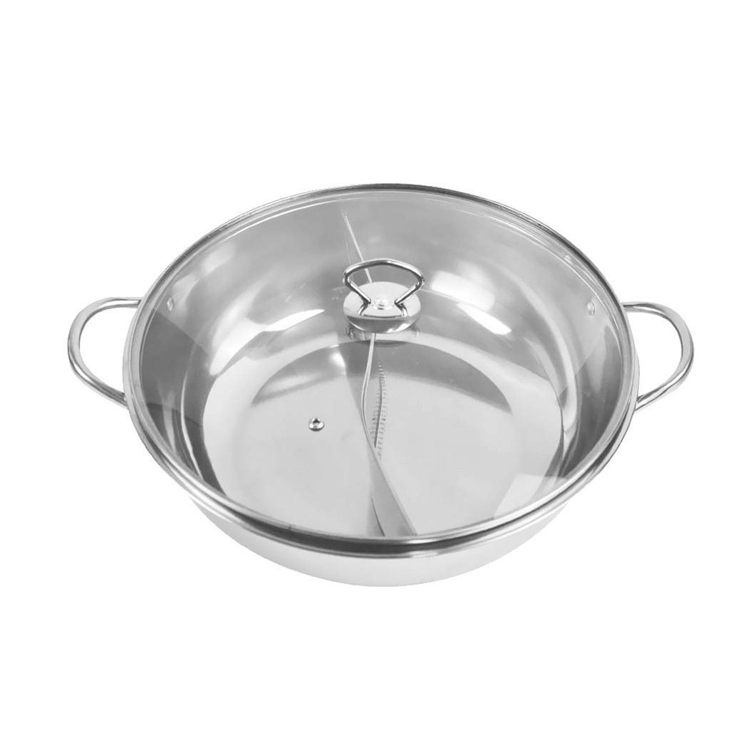 36cm Stainless Steel Twin Mandarin Duck Hot Pot with dual-sided cooking design, featuring a sleek finish and hollow handle for safe handling.
