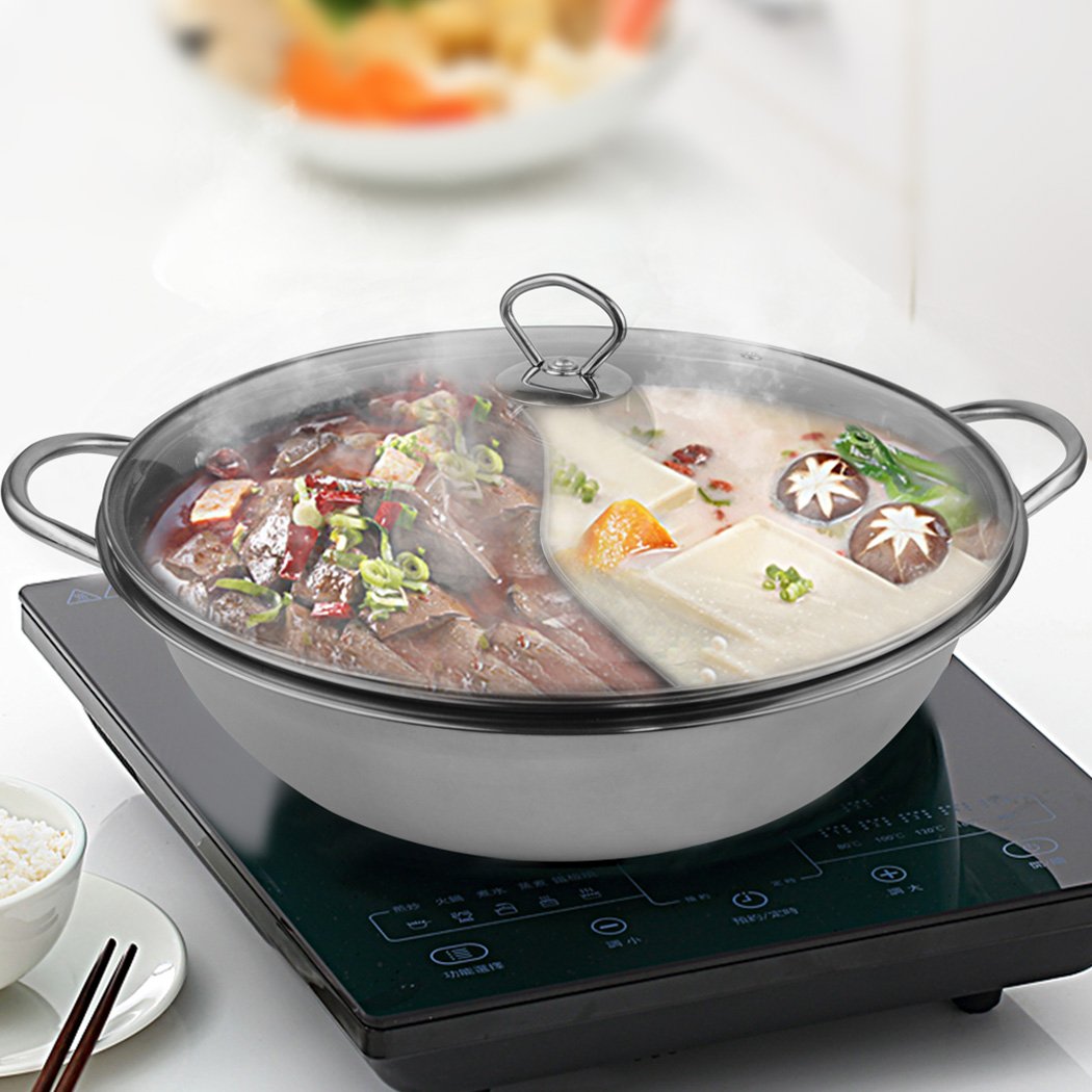 36cm Stainless Steel Twin Mandarin Duck Hot Pot with dual-sided cooking design, featuring a sleek finish and hollow handle for safe handling.